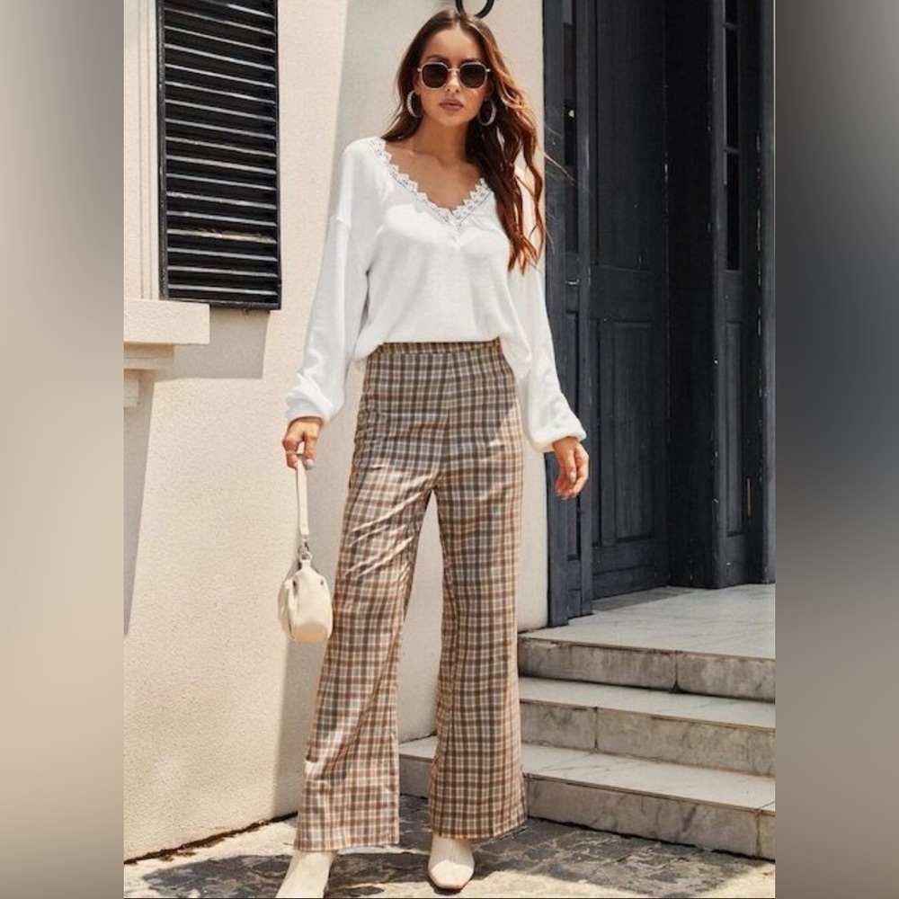 A New Day Stretch Straight Leg Mid Rise Plaid Casual Business Preppy 10 Pants